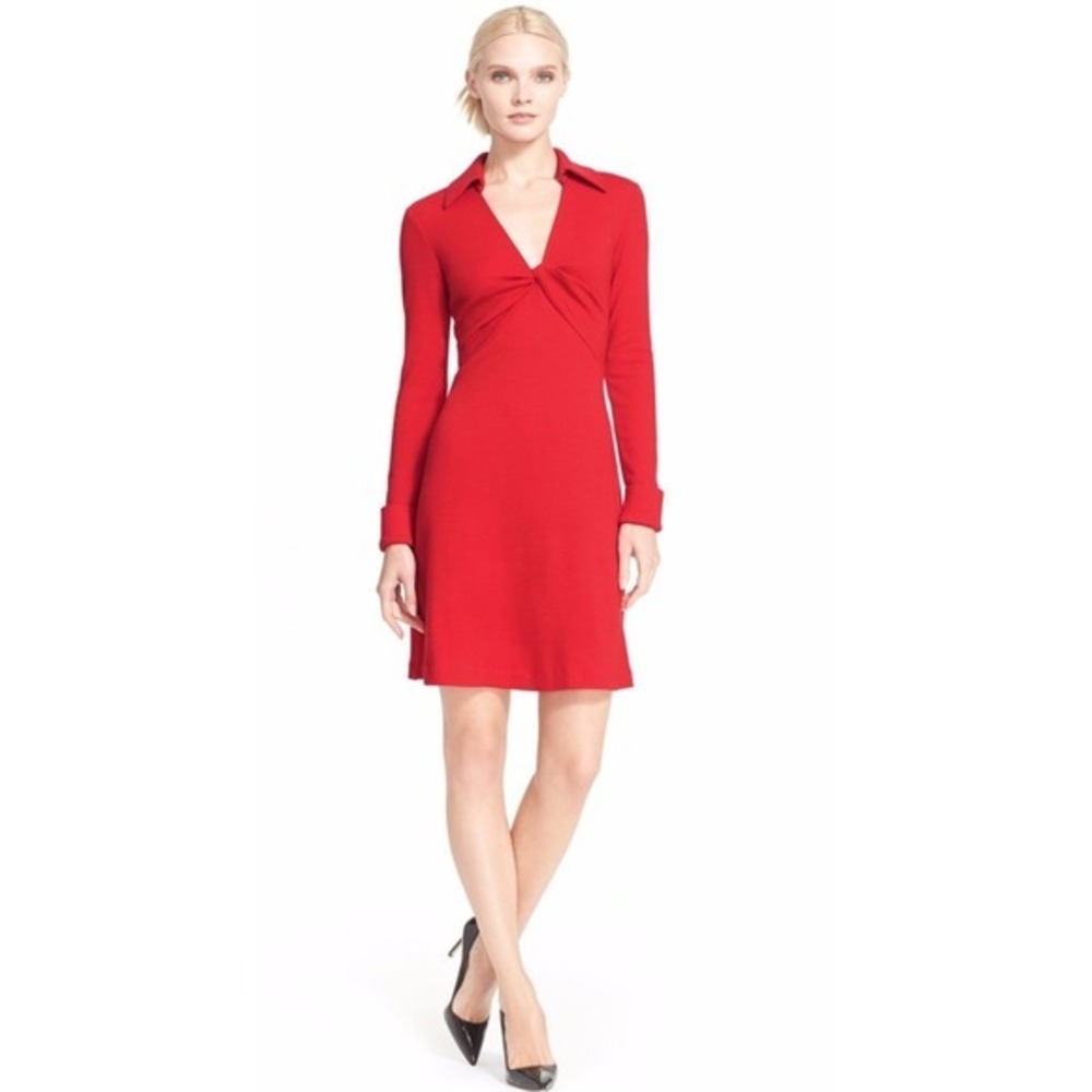 Diane von Furstenberg Dress Womens 10 Red Excellent Twist Front‎ V-Neck Collared